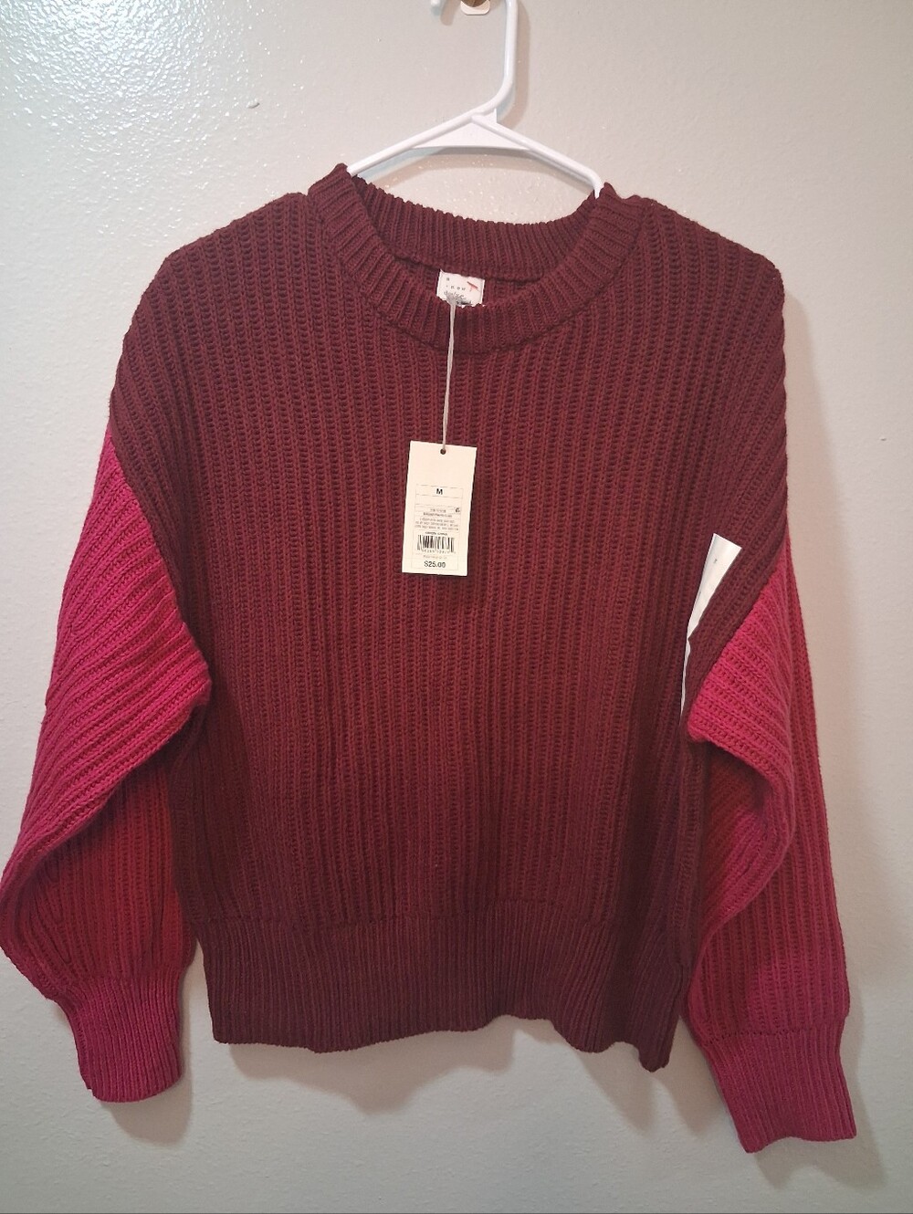 a new day Burgundy and Pink Colorblock Rib-Knit Crew Sweater
